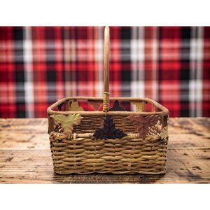 Vintage Woven Wicker Basket With Metal Fall Leaf Accents & Handle